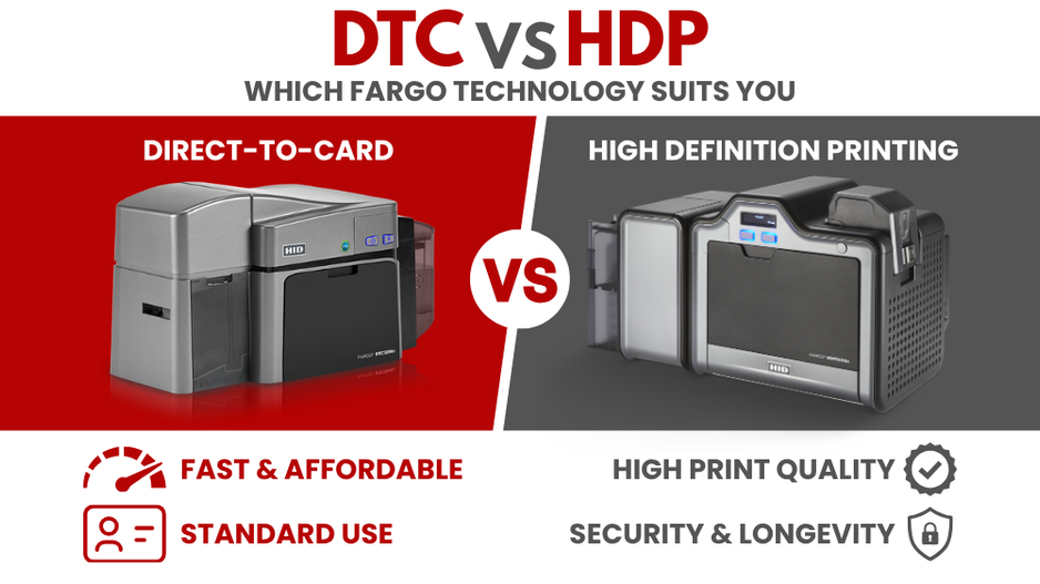 HID Fargo HDP5000e retransfer ID card printer, DTC versus HDP printing compared